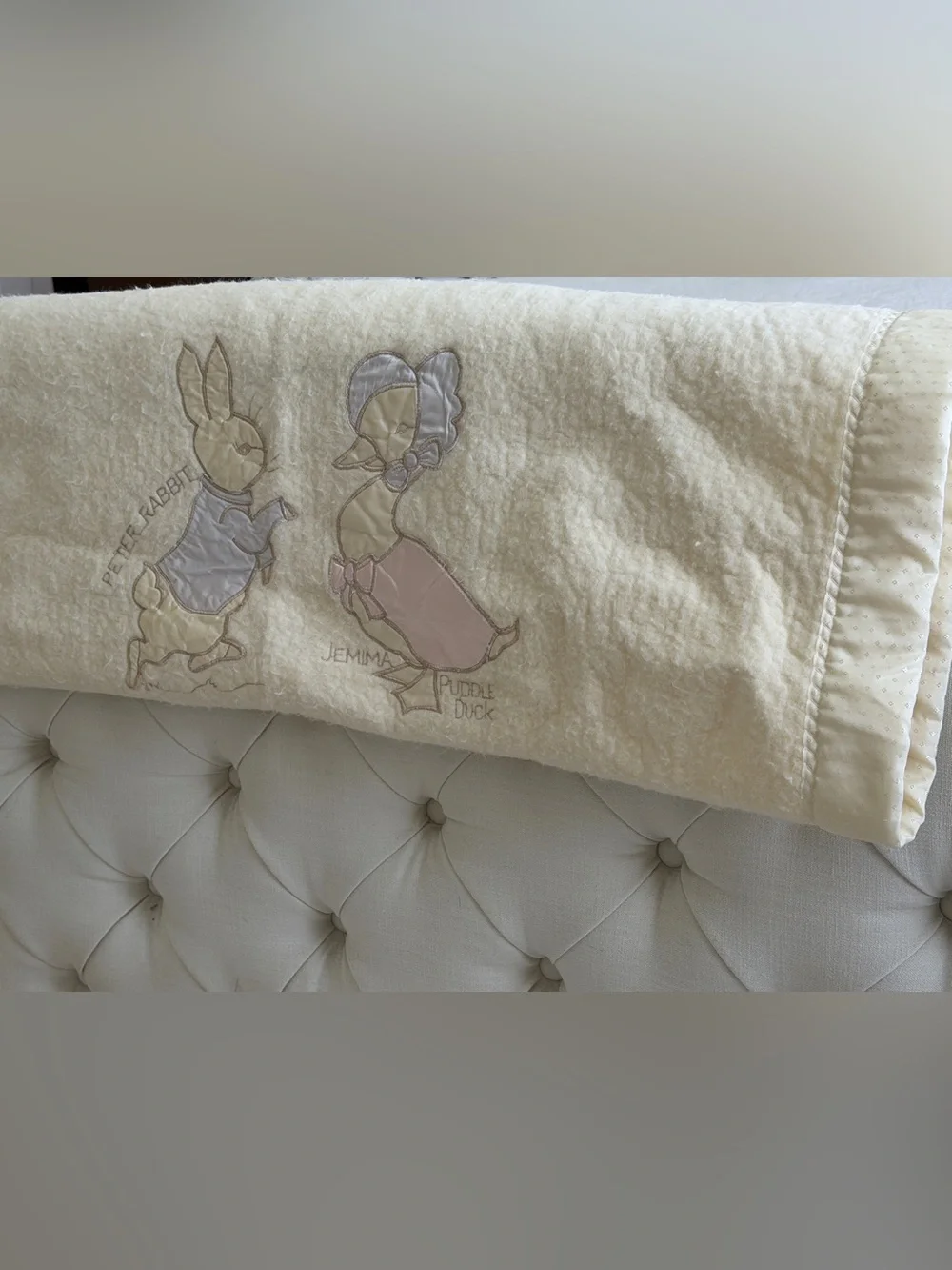 Vintage Quiltex Beatrix Potter Peter Rabbit Embroidered Satin Edge Baby Blanket